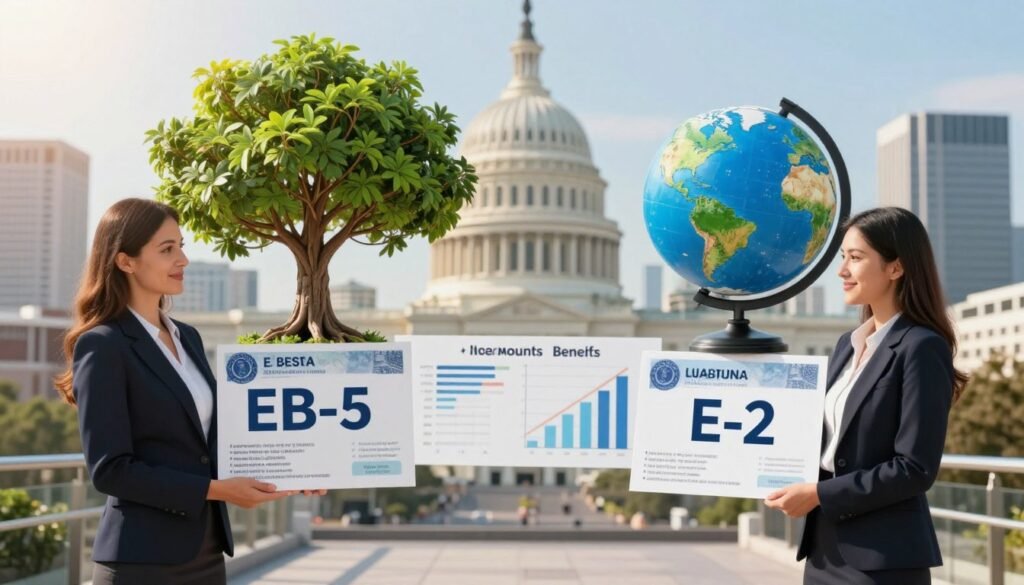 A detailed split image showcasing the comparison between EB-5 and E-2 investor visas. In the foreground, two elegant business people dressed in professional attire stand side by side, each presenting a visual metaphor: the EB-5 visa represented by a large, thriving tree symbolizing growth, and the E-2 visa depicted by a globe illustrating international opportunities. In the middle ground, dynamic charts and graphs display key differences in investment amounts and benefits, subtly blending with the characters. The background features a modern cityscape of iconic U.S. buildings, bathed in warm, natural sunlight, conveying a hopeful and prosperous atmosphere. The image is captured from a slightly elevated angle, giving a comprehensive view of the scene, with a focus on clarity and professionalism. A detailed split image showcasing the comparison between EB-5 and E-2 investor visas. In the foreground, two elegant business people dressed in professional attire stand side by side, each presenting a visual metaphor: the EB-5 visa represented by a large, thriving tree symbolizing growth, and the E-2 visa depicted by a globe illustrating international opportunities. In the middle ground, dynamic charts and graphs display key differences in investment amounts and benefits, subtly blending with the characters. The background features a modern cityscape of iconic U.S. buildings, bathed in warm, natural sunlight, conveying a hopeful and prosperous atmosphere. The image is captured from a slightly elevated angle, giving a comprehensive view of the scene, with a focus on clarity and professionalism.