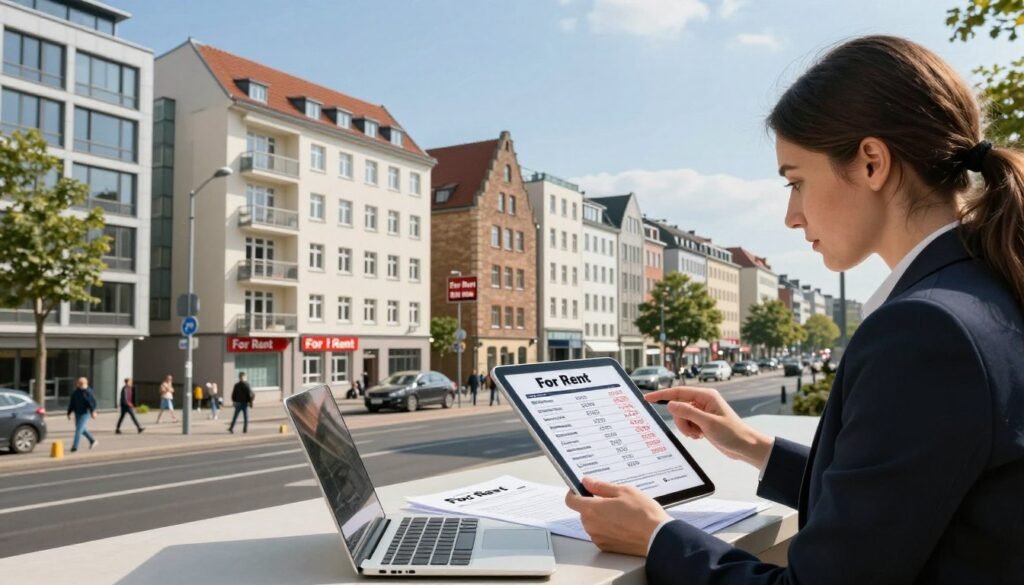 A detailed urban scene depicting rental costs in Germany, featuring a modern cityscape with a blend of contemporary and traditional architecture, like Berlin's iconic buildings and quaint neighborhoods. In the foreground, a professional woman in business attire examines a rental listing on her tablet, surrounded by documents and a laptop. The middle ground shows residential buildings with "For Rent" signs visible, showcasing various rental prices in euros. The background includes a clear blue sky and bustling streets with people going about their day, reflecting the vibrancy of city life. The lighting is bright and natural, suggesting daytime, casting soft shadows. The overall mood is informative and dynamic, capturing the essence of the housing market and rental trends. A detailed urban scene depicting rental costs in Germany, featuring a modern cityscape with a blend of contemporary and traditional architecture, like Berlin's iconic buildings and quaint neighborhoods. In the foreground, a professional woman in business attire examines a rental listing on her tablet, surrounded by documents and a laptop. The middle ground shows residential buildings with "For Rent" signs visible, showcasing various rental prices in euros. The background includes a clear blue sky and bustling streets with people going about their day, reflecting the vibrancy of city life. The lighting is bright and natural, suggesting daytime, casting soft shadows. The overall mood is informative and dynamic, capturing the essence of the housing market and rental trends.