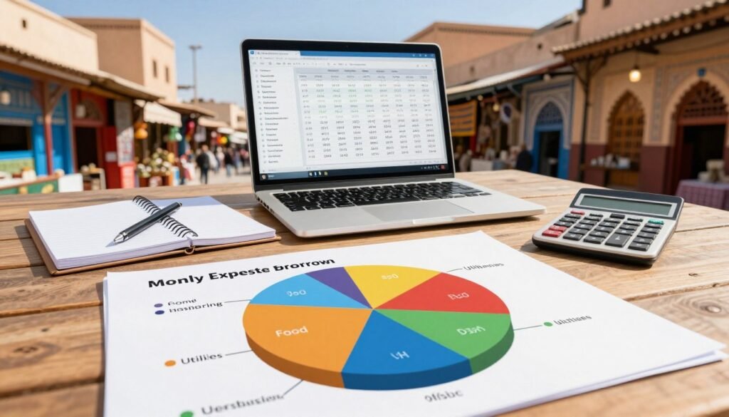 A detailed visual representation of a monthly expense breakdown in Morocco, set against a bright, inviting backdrop of a Moroccan market street. In the foreground, an organized pie chart illustrates different expense categories—housing, food, transportation, utilities, and entertainment—each section vividly colored. The middle layer features an open laptop with financial analysis tools displayed, with a notepad and a calculator nearby. The background showcases traditional Moroccan architecture with vibrant colors and intricate designs, complemented by a bright, sunny sky. The atmosphere conveys a sense of clarity and professionalism, ideal for financial insights. The image should be well-lit, resembling natural daylight, captured from a slightly elevated angle to give depth. A detailed visual representation of a monthly expense breakdown in Morocco, set against a bright, inviting backdrop of a Moroccan market street. In the foreground, an organized pie chart illustrates different expense categories—housing, food, transportation, utilities, and entertainment—each section vividly colored. The middle layer features an open laptop with financial analysis tools displayed, with a notepad and a calculator nearby. The background showcases traditional Moroccan architecture with vibrant colors and intricate designs, complemented by a bright, sunny sky. The atmosphere conveys a sense of clarity and professionalism, ideal for financial insights. The image should be well-lit, resembling natural daylight, captured from a slightly elevated angle to give depth.