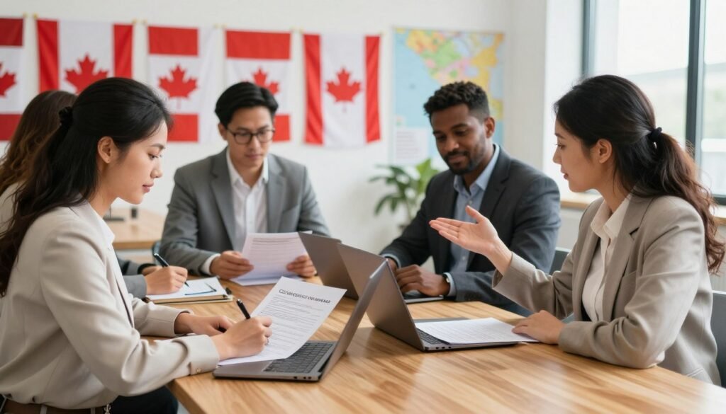 A diverse group of individuals engaged in the Canadian citizenship application process, sitting around a large wooden table in a bright, modern office setting. In the foreground, a woman in professional attire carefully fills out a form, surrounded by documents and a laptop. Next to her, a man in a suit reviews a checklist, while a third person gestures as if explaining a point. The middle ground features colorful flags of Canada and a map displayed on a wall, creating a sense of location. The background shows a window with natural light streaming in, creating an inviting atmosphere. The mood is hopeful and collaborative, reflecting the journey towards citizenship. Use soft lighting to enhance the warm and encouraging environment. A diverse group of individuals engaged in the Canadian citizenship application process, sitting around a large wooden table in a bright, modern office setting. In the foreground, a woman in professional attire carefully fills out a form, surrounded by documents and a laptop. Next to her, a man in a suit reviews a checklist, while a third person gestures as if explaining a point. The middle ground features colorful flags of Canada and a map displayed on a wall, creating a sense of location. The background shows a window with natural light streaming in, creating an inviting atmosphere. The mood is hopeful and collaborative, reflecting the journey towards citizenship. Use soft lighting to enhance the warm and encouraging environment.