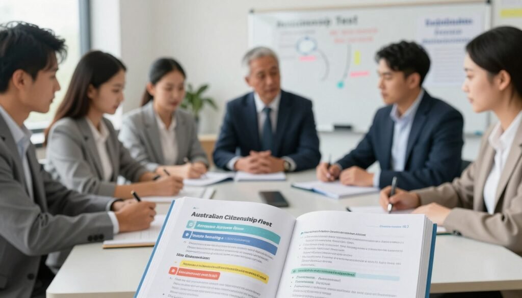 A diverse group of individuals, including an Australian citizen in professional business attire, seated around a table filled with study materials for the Australian Citizenship Test. Each person is focused and engaged, reflecting determination and camaraderie. In the foreground, a close-up of an open study booklet with color-coded sections on Australian history and rights. The background features a bright, inviting classroom environment, with a large whiteboard filled with notes and diagrams about the citizenship process. Soft, natural lighting from windows creates an uplifting atmosphere, while a camera angle slightly above the table captures the interaction between the citizens. A diverse group of individuals, including an Australian citizen in professional business attire, seated around a table filled with study materials for the Australian Citizenship Test. Each person is focused and engaged, reflecting determination and camaraderie. In the foreground, a close-up of an open study booklet with color-coded sections on Australian history and rights. The background features a bright, inviting classroom environment, with a large whiteboard filled with notes and diagrams about the citizenship process. Soft, natural lighting from windows creates an uplifting atmosphere, while a camera angle slightly above the table captures the interaction between the citizens.