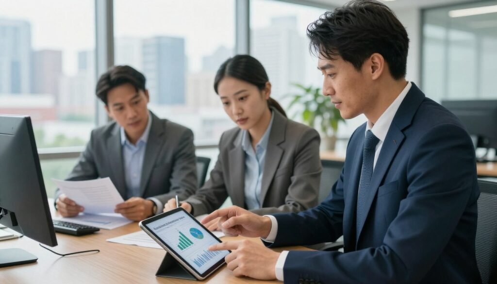 A diverse group of professionals discussing business strategies in a modern office setting, emphasizing the theme of the International Entrepreneur Rule. In the foreground, a confident entrepreneur in formal business attire gestures towards a digital tablet displaying graphs and statistics. The middle ground features two colleagues, one reviewing documents while the other takes notes, all focused and engaged. In the background, large windows reveal a city skyline under soft, natural lighting, creating a dynamic yet professional atmosphere. Use a slightly high-angle perspective to capture the collaborative environment and convey a sense of ambition and innovation. The color palette should include blues and greens to symbolize growth and success in business immigration. A diverse group of professionals discussing business strategies in a modern office setting, emphasizing the theme of the International Entrepreneur Rule. In the foreground, a confident entrepreneur in formal business attire gestures towards a digital tablet displaying graphs and statistics. The middle ground features two colleagues, one reviewing documents while the other takes notes, all focused and engaged. In the background, large windows reveal a city skyline under soft, natural lighting, creating a dynamic yet professional atmosphere. Use a slightly high-angle perspective to capture the collaborative environment and convey a sense of ambition and innovation. The color palette should include blues and greens to symbolize growth and success in business immigration.