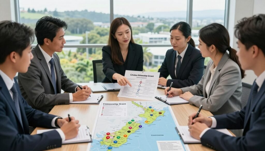 A diverse group of professionals in business attire gathered around a large table in an office setting, reviewing documents related to the New Zealand citizenship grant process. In the foreground, a map of New Zealand is spread out, with various colored markers indicating citizenship grant locations. In the middle ground, a confident woman gestures towards a flowchart detailing the steps of the citizenship application, while her colleagues take notes. The background features a large window with a view of New Zealand's lush landscapes and urban areas, illuminated by soft, natural light streaming in. The atmosphere is focused and collaborative, with a sense of determination and clarity in the air. The image captures the essence of the formal yet hopeful nature of the citizenship grant process. A diverse group of professionals in business attire gathered around a large table in an office setting, reviewing documents related to the New Zealand citizenship grant process. In the foreground, a map of New Zealand is spread out, with various colored markers indicating citizenship grant locations. In the middle ground, a confident woman gestures towards a flowchart detailing the steps of the citizenship application, while her colleagues take notes. The background features a large window with a view of New Zealand's lush landscapes and urban areas, illuminated by soft, natural light streaming in. The atmosphere is focused and collaborative, with a sense of determination and clarity in the air. The image captures the essence of the formal yet hopeful nature of the citizenship grant process.