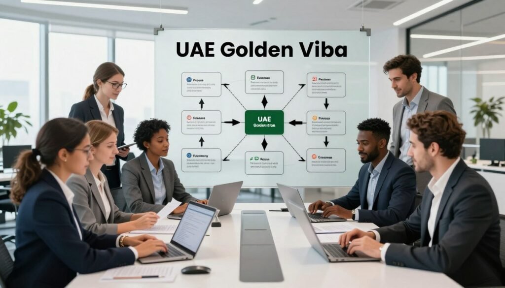 A dynamic and engaging illustration of the application process for the UAE Golden Visa Program. In the foreground, a diverse group of individuals in professional business attire is gathered around a sleek, modern workstation, reviewing documents on laptops and tablets. The middle ground showcases an organized flowchart on a glass board, detailing the step-by-step guide to the application process, with clear visual markers and symbols. The background reveals a bright, contemporary office space with large windows allowing natural light to flood in, symbolizing transparency and opportunity. The overall atmosphere is focused and encouraging, fostering an air of ambition and professionalism, captured from a slightly elevated angle to encompass the teamwork and collaboration at play. A dynamic and engaging illustration of the application process for the UAE Golden Visa Program. In the foreground, a diverse group of individuals in professional business attire is gathered around a sleek, modern workstation, reviewing documents on laptops and tablets. The middle ground showcases an organized flowchart on a glass board, detailing the step-by-step guide to the application process, with clear visual markers and symbols. The background reveals a bright, contemporary office space with large windows allowing natural light to flood in, symbolizing transparency and opportunity. The overall atmosphere is focused and encouraging, fostering an air of ambition and professionalism, captured from a slightly elevated angle to encompass the teamwork and collaboration at play.
