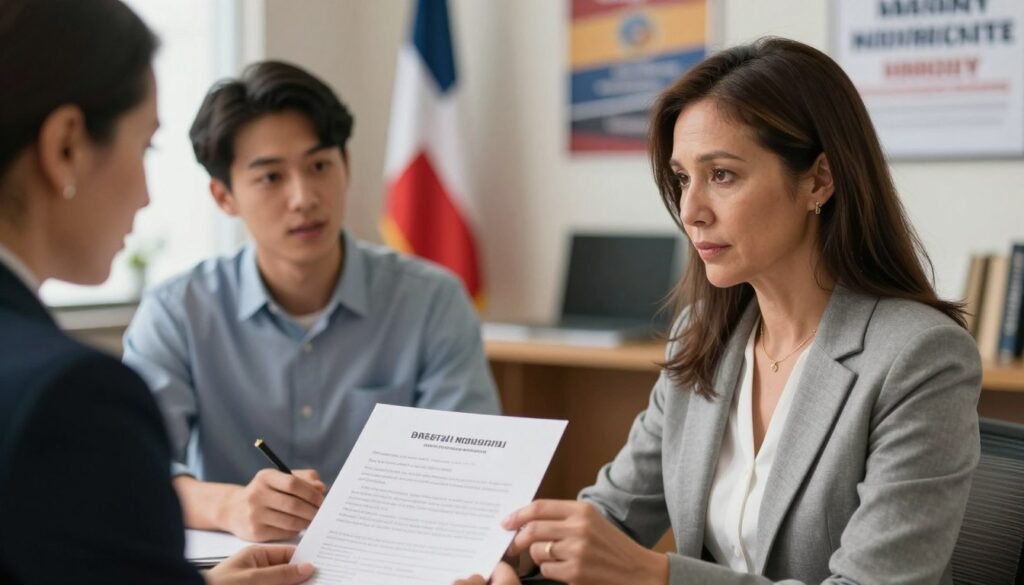 A focused scene illustrating the naturalization process for green card holders, featuring a diverse group of individuals in a professional setting. In the foreground, a middle-aged woman in business attire examines an official document with a look of determination. In the middle ground, another individual, a young man dressed casually yet neatly, is engaged in conversation with an immigration officer, both appearing respectful and engaged. The background showcases an office environment with soft, warm lighting, emphasizing a welcoming atmosphere. Softly blurred national flags and motivational posters about citizenship hang on the walls, subtly reinforcing the theme of hope and opportunity. The image embodies a sense of anticipation and seriousness, capturing the essence of the naturalization journey. A focused scene illustrating the naturalization process for green card holders, featuring a diverse group of individuals in a professional setting. In the foreground, a middle-aged woman in business attire examines an official document with a look of determination. In the middle ground, another individual, a young man dressed casually yet neatly, is engaged in conversation with an immigration officer, both appearing respectful and engaged. The background showcases an office environment with soft, warm lighting, emphasizing a welcoming atmosphere. Softly blurred national flags and motivational posters about citizenship hang on the walls, subtly reinforcing the theme of hope and opportunity. The image embodies a sense of anticipation and seriousness, capturing the essence of the naturalization journey.