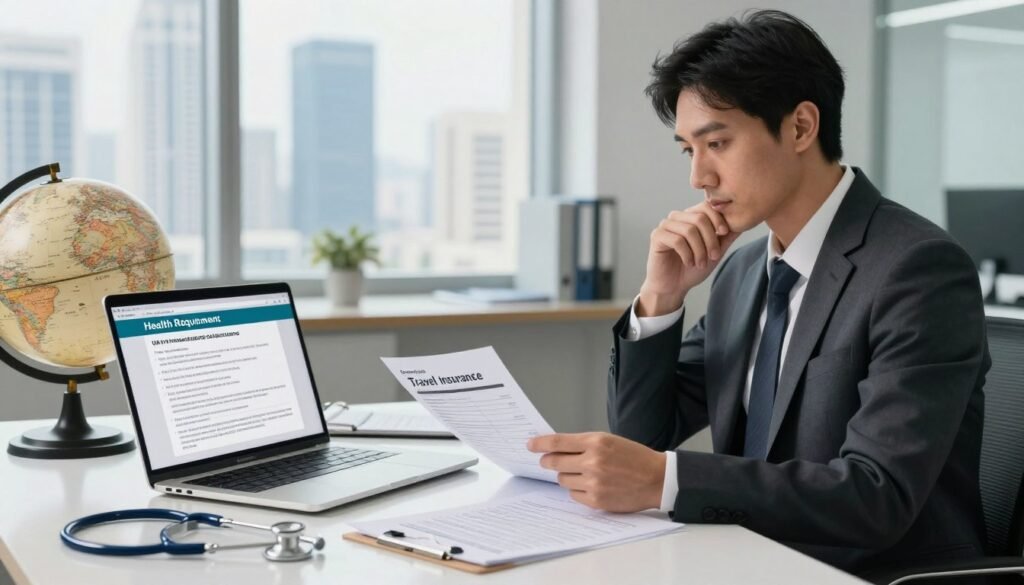 A healthcare professional in a modern office setting, reviewing travel insurance documents on a sleek desk. The foreground features a laptop displaying health requirement guidelines for UAE visas, surrounded by travel-related items like a globe, a stethoscope, and an insurance policy booklet. In the middle ground, a thoughtful individual, dressed in professional business attire—an elegant suit—analyzes the documents, appearing focused and diligent. The background shows a well-lit, organized workspace with a large window offering a view of skyscrapers, symbolizing urban life and travel. Soft, natural lighting streams in, creating a productive and professional atmosphere, emphasizing the importance of health and insurance for travelers. A healthcare professional in a modern office setting, reviewing travel insurance documents on a sleek desk. The foreground features a laptop displaying health requirement guidelines for UAE visas, surrounded by travel-related items like a globe, a stethoscope, and an insurance policy booklet. In the middle ground, a thoughtful individual, dressed in professional business attire—an elegant suit—analyzes the documents, appearing focused and diligent. The background shows a well-lit, organized workspace with a large window offering a view of skyscrapers, symbolizing urban life and travel. Soft, natural lighting streams in, creating a productive and professional atmosphere, emphasizing the importance of health and insurance for travelers.
