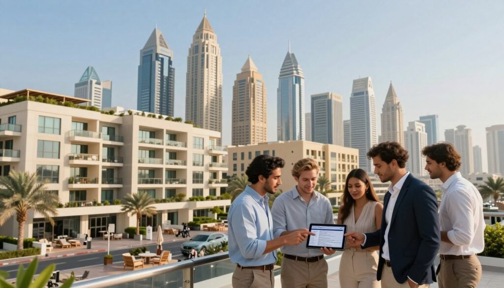 A modern Dubai skyline bustling with activity, showcasing a variety of residential buildings reflecting the vibrant rental market. In the foreground, a diverse group of young professionals dressed in smart casual attire is interacting, discussing rental options while pointing at a digital tablet displaying listings. In the middle ground, stylish mid-rise apartment complexes with balconies adorned with greenery and leisure spaces, illustrating luxury living. The background features iconic skyscrapers under a clear blue sky, with the sun casting soft light that enhances the architectural details. The composition conveys a sense of optimism and eagerness about housing opportunities in Dubai, evoking a lively and inviting atmosphere. The angle is slightly elevated to provide a comprehensive view, balanced in warm tones, emphasizing a thriving urban environment. A modern Dubai skyline bustling with activity, showcasing a variety of residential buildings reflecting the vibrant rental market. In the foreground, a diverse group of young professionals dressed in smart casual attire is interacting, discussing rental options while pointing at a digital tablet displaying listings. In the middle ground, stylish mid-rise apartment complexes with balconies adorned with greenery and leisure spaces, illustrating luxury living. The background features iconic skyscrapers under a clear blue sky, with the sun casting soft light that enhances the architectural details. The composition conveys a sense of optimism and eagerness about housing opportunities in Dubai, evoking a lively and inviting atmosphere. The angle is slightly elevated to provide a comprehensive view, balanced in warm tones, emphasizing a thriving urban environment.