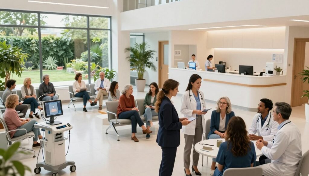 A modern Spanish healthcare facility, showcasing a combination of advanced medical technology and welcoming architecture. In the foreground, a diverse group of healthcare professionals in professional business attire, passionately discussing patient care. The middle ground features a bright and spacious waiting area filled with patients of various ages, highlighting a sense of community and comfort. Lush greenery can be seen through large windows, symbolizing health and wellness. In the background, a well-equipped examination room is visible, emphasizing the advanced medical services available. Warm, natural lighting illuminates the scene, creating an inviting and hopeful atmosphere. The angle should be slightly elevated, capturing both the action of the people and the design of the facility in one cohesive image. A modern Spanish healthcare facility, showcasing a combination of advanced medical technology and welcoming architecture. In the foreground, a diverse group of healthcare professionals in professional business attire, passionately discussing patient care. The middle ground features a bright and spacious waiting area filled with patients of various ages, highlighting a sense of community and comfort. Lush greenery can be seen through large windows, symbolizing health and wellness. In the background, a well-equipped examination room is visible, emphasizing the advanced medical services available. Warm, natural lighting illuminates the scene, creating an inviting and hopeful atmosphere. The angle should be slightly elevated, capturing both the action of the people and the design of the facility in one cohesive image.