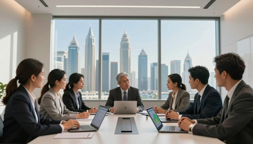 A modern office environment in the foreground, showcasing a diverse group of professionals in business attire discussing UAE company setup options. They are gathered around a sleek conference table with laptops, documents, and a digital tablet displaying a UAE map. In the middle ground, a large window reveals a view of iconic Dubai skyscrapers under a clear blue sky, symbolizing business opportunity and growth. The background features a minimalist design with soft lighting, enhancing a focused and professional atmosphere. Use a wide-angle perspective to emphasize the collaborative spirit and dynamic energy of the scene, with warm natural light streaming in, creating an inviting yet professional mood. A modern office environment in the foreground, showcasing a diverse group of professionals in business attire discussing UAE company setup options. They are gathered around a sleek conference table with laptops, documents, and a digital tablet displaying a UAE map. In the middle ground, a large window reveals a view of iconic Dubai skyscrapers under a clear blue sky, symbolizing business opportunity and growth. The background features a minimalist design with soft lighting, enhancing a focused and professional atmosphere. Use a wide-angle perspective to emphasize the collaborative spirit and dynamic energy of the scene, with warm natural light streaming in, creating an inviting yet professional mood.