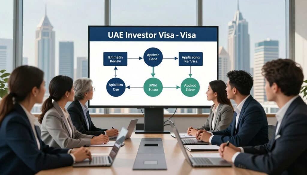 A modern office scene depicting the UAE investor visa application process. In the foreground, a diverse group of professionals dressed in smart business attire are engaged in a discussion around a conference table, with documents and laptops open in front of them. In the middle ground, a large digital display shows a flowchart of the steps to secure the UAE investor visa, highlighting key stages like application submission, documentation review, and approval. The background features large windows with a view of a futuristic city skyline, bathed in warm, natural light, creating a professional and optimistic atmosphere. The camera angle captures the interaction at eye level, emphasizing collaboration and focus on the task at hand. A modern office scene depicting the UAE investor visa application process. In the foreground, a diverse group of professionals dressed in smart business attire are engaged in a discussion around a conference table, with documents and laptops open in front of them. In the middle ground, a large digital display shows a flowchart of the steps to secure the UAE investor visa, highlighting key stages like application submission, documentation review, and approval. The background features large windows with a view of a futuristic city skyline, bathed in warm, natural light, creating a professional and optimistic atmosphere. The camera angle captures the interaction at eye level, emphasizing collaboration and focus on the task at hand.