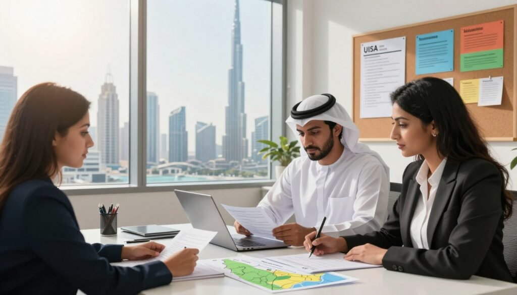 A modern office setting showcasing the UAE visa application process. In the foreground, a diverse group of three individuals, including a Middle-Eastern man and a South Asian woman, dressed in professional attire, are collaborating over a table covered with documents, a laptop, and a UAE map. The middle ground features a large window displaying the iconic skyline of Dubai, with the Burj Khalifa prominently visible. In the background, a corkboard displays visa requirement checklists and colorful infographics about the application process. The lighting is bright and airy, suggesting a productive atmosphere, with warm sunlight filtering through the window, creating a welcoming environment. Focus on clarity and organization, emphasizing teamwork and attention to detail in the visa process. A modern office setting showcasing the UAE visa application process. In the foreground, a diverse group of three individuals, including a Middle-Eastern man and a South Asian woman, dressed in professional attire, are collaborating over a table covered with documents, a laptop, and a UAE map. The middle ground features a large window displaying the iconic skyline of Dubai, with the Burj Khalifa prominently visible. In the background, a corkboard displays visa requirement checklists and colorful infographics about the application process. The lighting is bright and airy, suggesting a productive atmosphere, with warm sunlight filtering through the window, creating a welcoming environment. Focus on clarity and organization, emphasizing teamwork and attention to detail in the visa process.