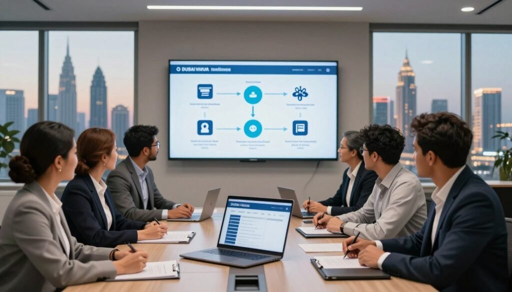 A modern, professional office environment representing the Dubai visa application process. In the foreground, a diverse group of individuals dressed in professional business attire is gathered around a sleek conference table, examining documents and a laptop displaying the Dubai visa application portal. The middle layer shows a large screen on the wall with a simplified infographic of the online and offline application stages, highlighting key steps. In the background, large windows reveal a panoramic view of the iconic Dubai skyline at dusk, with warm lighting creating an inviting atmosphere. The room is well-lit with overhead lights, suggesting a sense of focus and efficiency, while the mood is collaborative and positive, emphasizing an organized approach to the visa application process. A modern, professional office environment representing the Dubai visa application process. In the foreground, a diverse group of individuals dressed in professional business attire is gathered around a sleek conference table, examining documents and a laptop displaying the Dubai visa application portal. The middle layer shows a large screen on the wall with a simplified infographic of the online and offline application stages, highlighting key steps. In the background, large windows reveal a panoramic view of the iconic Dubai skyline at dusk, with warm lighting creating an inviting atmosphere. The room is well-lit with overhead lights, suggesting a sense of focus and efficiency, while the mood is collaborative and positive, emphasizing an organized approach to the visa application process.