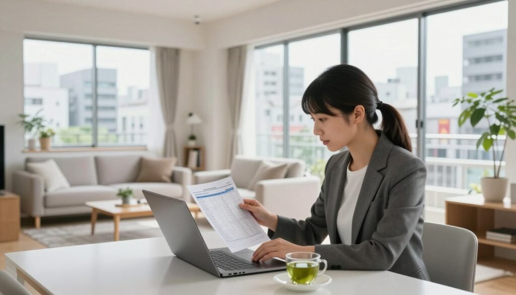 A modern urban Japanese apartment interior showcasing housing and utility costs. In the foreground, a professional woman in modest business attire examines a detailed expense report on her laptop at a sleek dining table, with a cup of green tea beside her. The middle layer features a spacious, well-decorated living room with minimalist furniture, including a cozy sofa and bookshelves, and large windows letting in soft, natural light that brightens the room. In the background, the view reveals a cityscape with typical Japanese architecture, including towering apartment buildings and small shops. The atmosphere is focused yet calm, illustrating the balance of modern living costs in Japan. The image should be bright and inviting, with a lens effect to create a slightly blurred background for emphasis on the foreground subject. A modern urban Japanese apartment interior showcasing housing and utility costs. In the foreground, a professional woman in modest business attire examines a detailed expense report on her laptop at a sleek dining table, with a cup of green tea beside her. The middle layer features a spacious, well-decorated living room with minimalist furniture, including a cozy sofa and bookshelves, and large windows letting in soft, natural light that brightens the room. In the background, the view reveals a cityscape with typical Japanese architecture, including towering apartment buildings and small shops. The atmosphere is focused yet calm, illustrating the balance of modern living costs in Japan. The image should be bright and inviting, with a lens effect to create a slightly blurred background for emphasis on the foreground subject.