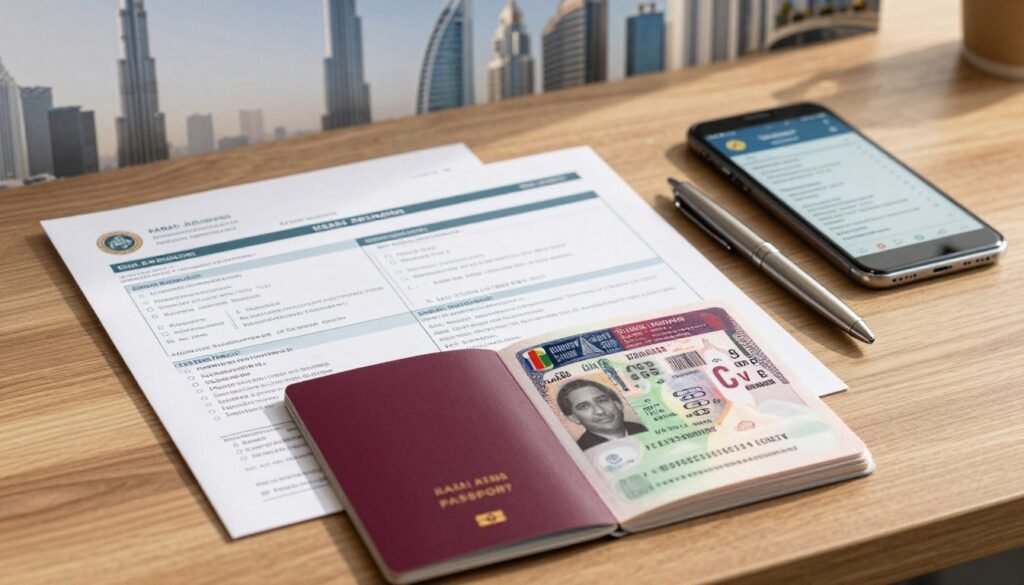 A neatly arranged collection of Dubai tourist visa documents displayed on a wooden desk. Foreground features a close-up of a passport open to the visa page, with a UAE visa stamped inside, accompanied by neatly stacked forms including a visa application, hotel booking confirmation, and a flight itinerary. Middle ground showcases a silver pen and a smartphone displaying travel details. In the background, blurred images of the iconic Burj Khalifa and Arabian skyline create a contextual setting. Soft, natural lighting filters in, casting gentle shadows, enhancing the professionalism of the scene. The atmosphere is organized, informative, and business-like, capturing the essence of preparing for a tourist visa. A neatly arranged collection of Dubai tourist visa documents displayed on a wooden desk. Foreground features a close-up of a passport open to the visa page, with a UAE visa stamped inside, accompanied by neatly stacked forms including a visa application, hotel booking confirmation, and a flight itinerary. Middle ground showcases a silver pen and a smartphone displaying travel details. In the background, blurred images of the iconic Burj Khalifa and Arabian skyline create a contextual setting. Soft, natural lighting filters in, casting gentle shadows, enhancing the professionalism of the scene. The atmosphere is organized, informative, and business-like, capturing the essence of preparing for a tourist visa.