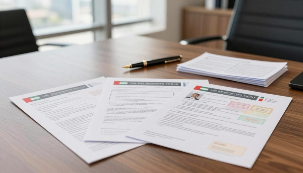 A neatly arranged collection of UAE residence visa documents displayed on a polished wooden desk. The foreground features a close-up of the documents, showcasing their detailed layouts, including forms, identification pages, and official stamps. The middle ground includes a stylish fountain pen and a small stack of additional paperwork, creating an organized workspace atmosphere. In the background, there is a softly blurred view of a modern office setup, with natural light filtering through a large window, casting gentle shadows. The mood is professional and focused, evoking a sense of preparation and importance in the process of gathering essential documentation for obtaining a UAE residence visa. A neatly arranged collection of UAE residence visa documents displayed on a polished wooden desk. The foreground features a close-up of the documents, showcasing their detailed layouts, including forms, identification pages, and official stamps. The middle ground includes a stylish fountain pen and a small stack of additional paperwork, creating an organized workspace atmosphere. In the background, there is a softly blurred view of a modern office setup, with natural light filtering through a large window, casting gentle shadows. The mood is professional and focused, evoking a sense of preparation and importance in the process of gathering essential documentation for obtaining a UAE residence visa.