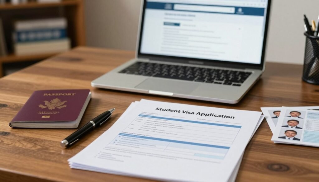 A neatly organized desk displaying essential student visa documentation. In the foreground, a stack of forms titled "Student Visa Application" on polished wood, accompanied by a passport, a pen, and a set of identification photos. The middle ground features an open laptop with a webpage detailing visa requirements. The background subtly shows a bookshelf filled with travel guides and textbooks about studying abroad. Soft, warm lighting illuminates the scene, creating an inviting atmosphere. A shallow depth of field blurs the background slightly, drawing attention to the paperwork. The overall mood is professional and focused, conveying preparation and diligence in the visa application process. A neatly organized desk displaying essential student visa documentation. In the foreground, a stack of forms titled "Student Visa Application" on polished wood, accompanied by a passport, a pen, and a set of identification photos. The middle ground features an open laptop with a webpage detailing visa requirements. The background subtly shows a bookshelf filled with travel guides and textbooks about studying abroad. Soft, warm lighting illuminates the scene, creating an inviting atmosphere. A shallow depth of field blurs the background slightly, drawing attention to the paperwork. The overall mood is professional and focused, conveying preparation and diligence in the visa application process.