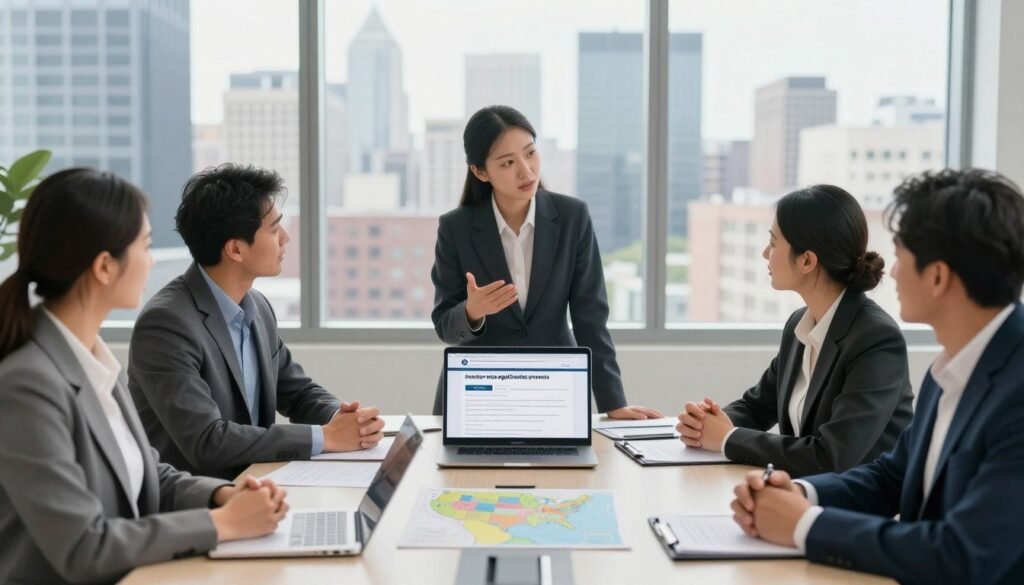 A professional and detailed depiction of the "investor visa application process." In the foreground, showcase a diverse group of individuals in professional business attire, standing around a modern conference table filled with documents, laptops, and a map of the United States. In the middle ground, depict an open laptop displaying the official immigration website, while a consultant explains the process to the group. The background features a large window with a view of a city skyline, indicating a bustling financial district with skyscrapers. Use bright, natural lighting to create a welcoming atmosphere, and employ a slight depth of field effect, keeping the focus sharp on the individuals while softly blurring the background, evoking a sense of professionalism and guidance in their journey. A professional and detailed depiction of the "investor visa application process." In the foreground, showcase a diverse group of individuals in professional business attire, standing around a modern conference table filled with documents, laptops, and a map of the United States. In the middle ground, depict an open laptop displaying the official immigration website, while a consultant explains the process to the group. The background features a large window with a view of a city skyline, indicating a bustling financial district with skyscrapers. Use bright, natural lighting to create a welcoming atmosphere, and employ a slight depth of field effect, keeping the focus sharp on the individuals while softly blurring the background, evoking a sense of professionalism and guidance in their journey.