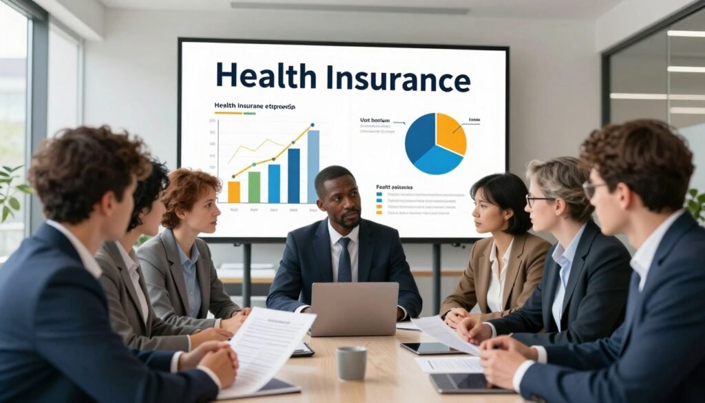 A professional and informative illustration of health insurance in Germany. In the foreground, a diverse group of adults in professional attire (business suits and smart casual wear) are engaged in a discussion around a table, with documents and a laptop open, highlighting insurance policies. In the middle ground, a large infographic displays key statistics about health insurance costs, featuring graphs and pie charts in a modern style. The background showcases a contemporary office setting with large windows allowing natural light to flow in, creating an inviting atmosphere. The overall mood should be focused and serious, reflecting the importance of health insurance in everyday life. Use a wide-angle lens to capture the scene vibrantly while maintaining clarity and detail. A professional and informative illustration of health insurance in Germany. In the foreground, a diverse group of adults in professional attire (business suits and smart casual wear) are engaged in a discussion around a table, with documents and a laptop open, highlighting insurance policies. In the middle ground, a large infographic displays key statistics about health insurance costs, featuring graphs and pie charts in a modern style. The background showcases a contemporary office setting with large windows allowing natural light to flow in, creating an inviting atmosphere. The overall mood should be focused and serious, reflecting the importance of health insurance in everyday life. Use a wide-angle lens to capture the scene vibrantly while maintaining clarity and detail.