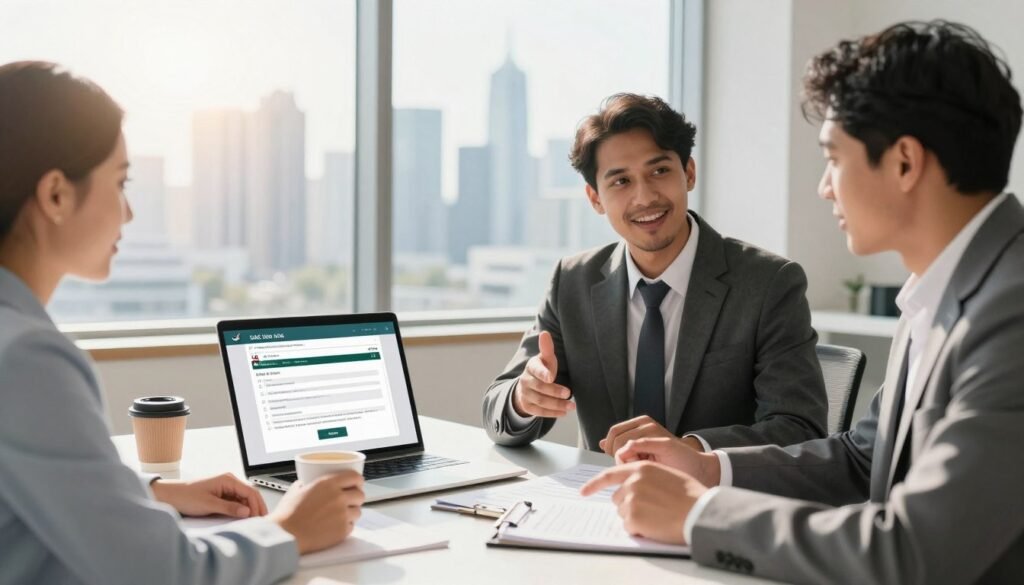 A professional and inviting office setting with a bright, airy atmosphere, featuring an organized desk with a laptop displaying a UAE visa application form and essential documents neatly arranged. In the foreground, a diverse group of three business professionals, dressed in smart attire, are engaged in discussion over a coffee. One is pointing at a checklist of tips on a notepad, while another gestures for emphasis, creating a collaborative vibe. The background shows a large window with a view of a modern skyline signifying the UAE, with warm sunlight pouring in, casting soft shadows. The lighting is bright and welcoming, aimed to evoke a sense of preparedness and confidence in the visa application process, fostering a mood of support and clarity. A professional and inviting office setting with a bright, airy atmosphere, featuring an organized desk with a laptop displaying a UAE visa application form and essential documents neatly arranged. In the foreground, a diverse group of three business professionals, dressed in smart attire, are engaged in discussion over a coffee. One is pointing at a checklist of tips on a notepad, while another gestures for emphasis, creating a collaborative vibe. The background shows a large window with a view of a modern skyline signifying the UAE, with warm sunlight pouring in, casting soft shadows. The lighting is bright and welcoming, aimed to evoke a sense of preparedness and confidence in the visa application process, fostering a mood of support and clarity.