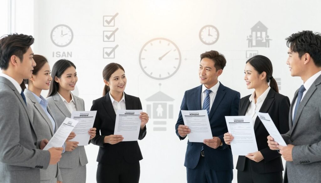 A professional comparative overview image illustrating the difference between temporary and permanent work visas. In the foreground, depict two contrasting scenarios: on the left, a group of diverse individuals in professional business attire holding temporary work visa documents, appearing optimistic and engaged in a collaborative discussion. On the right, a different set of individuals, also diverse and in professional attire, confidently holding permanent work authorization documents, exuding a sense of stability and success. The middle ground features a subtle infographic style backdrop, blending visual elements like checkmarks, clocks, and clocks for temporary work versus symbols of stability like buildings and family. The ambiance should be bright and professional, with soft, natural lighting emanating from above, creating a sense of hope and opportunity. The angle should be slightly elevated, offering a balanced view of both teams. A professional comparative overview image illustrating the difference between temporary and permanent work visas. In the foreground, depict two contrasting scenarios: on the left, a group of diverse individuals in professional business attire holding temporary work visa documents, appearing optimistic and engaged in a collaborative discussion. On the right, a different set of individuals, also diverse and in professional attire, confidently holding permanent work authorization documents, exuding a sense of stability and success. The middle ground features a subtle infographic style backdrop, blending visual elements like checkmarks, clocks, and clocks for temporary work versus symbols of stability like buildings and family. The ambiance should be bright and professional, with soft, natural lighting emanating from above, creating a sense of hope and opportunity. The angle should be slightly elevated, offering a balanced view of both teams.