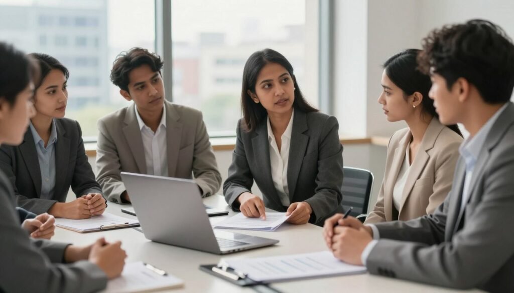 A professional consultant sitting at a modern conference table, engaged in a discussion with a diverse group of clients. The foreground features a laptop and printed documents, symbolizing expert guidance. In the middle ground, the consultant, a South Asian woman in a tailored business suit, is pointing at a document, illustrating key points. Surrounding her, clients of various ethnicities, dressed in smart business attire, appear attentive and engaged. The background includes a large window with a cityscape view, letting in warm, natural light that enhances the inviting atmosphere. The image exudes professionalism, collaboration, and trust, invoking a sense of security and expertise in the context of consultancy services. A professional consultant sitting at a modern conference table, engaged in a discussion with a diverse group of clients. The foreground features a laptop and printed documents, symbolizing expert guidance. In the middle ground, the consultant, a South Asian woman in a tailored business suit, is pointing at a document, illustrating key points. Surrounding her, clients of various ethnicities, dressed in smart business attire, appear attentive and engaged. The background includes a large window with a cityscape view, letting in warm, natural light that enhances the inviting atmosphere. The image exudes professionalism, collaboration, and trust, invoking a sense of security and expertise in the context of consultancy services.