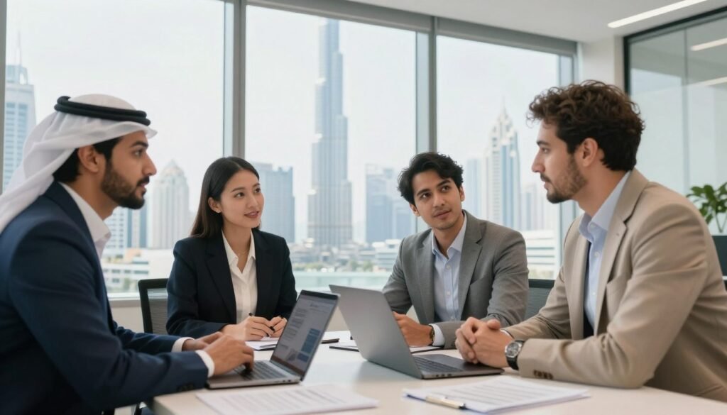 A professional, modern office setting showcasing a diverse group of entrepreneurs engaged in a collaborative discussion about UAE Golden Visa requirements. In the foreground, three business professionals (a Middle-Eastern man in a suit, an Asian woman in formal business attire, and a Caucasian man in smart casual clothing) are gathered around a sleek table with laptops and documents spread out. The middle background features a large window with a view of Dubai's skyline, showcasing iconic buildings like the Burj Khalifa. Soft, natural lighting illuminates the scene, creating a bright and optimistic atmosphere. The angle is slightly elevated to emphasize the interaction among the entrepreneurs, reflecting innovation and ambition in the startup ecosystem. A professional, modern office setting showcasing a diverse group of entrepreneurs engaged in a collaborative discussion about UAE Golden Visa requirements. In the foreground, three business professionals (a Middle-Eastern man in a suit, an Asian woman in formal business attire, and a Caucasian man in smart casual clothing) are gathered around a sleek table with laptops and documents spread out. The middle background features a large window with a view of Dubai's skyline, showcasing iconic buildings like the Burj Khalifa. Soft, natural lighting illuminates the scene, creating a bright and optimistic atmosphere. The angle is slightly elevated to emphasize the interaction among the entrepreneurs, reflecting innovation and ambition in the startup ecosystem.