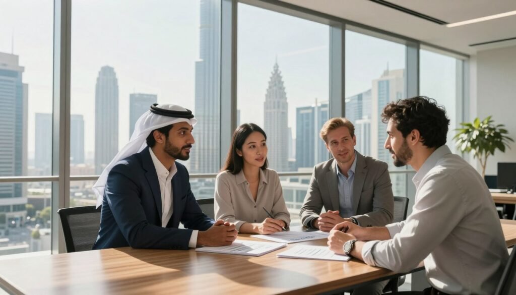 A professional, modern office workspace in a high-rise building in Dubai featuring a large glass window with a panoramic view of the city skyline. In the foreground, a diverse group of three business professionals, a Middle-Eastern man in a tailored suit, an Asian woman in a smart blouse, and a Caucasian man in a business casual outfit, discussing investment options. They are gathered around a sleek wooden table with investment documents spread out. The sunlight streams in, casting soft shadows, creating a warm atmosphere. In the background, iconic landmarks like the Burj Khalifa are visible. The image should evoke a sense of opportunity, professionalism, and collaboration, captured with a wide-angle lens to emphasize the modernity of the setting. A professional, modern office workspace in a high-rise building in Dubai featuring a large glass window with a panoramic view of the city skyline. In the foreground, a diverse group of three business professionals, a Middle-Eastern man in a tailored suit, an Asian woman in a smart blouse, and a Caucasian man in a business casual outfit, discussing investment options. They are gathered around a sleek wooden table with investment documents spread out. The sunlight streams in, casting soft shadows, creating a warm atmosphere. In the background, iconic landmarks like the Burj Khalifa are visible. The image should evoke a sense of opportunity, professionalism, and collaboration, captured with a wide-angle lens to emphasize the modernity of the setting.