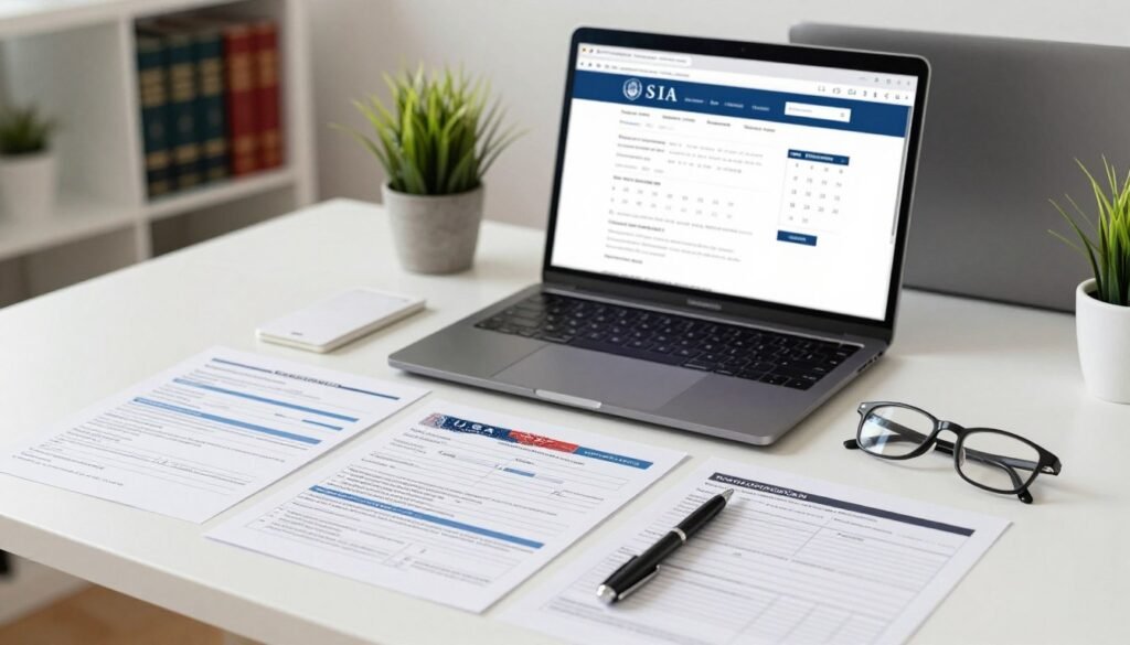 A professional office desk setup showcasing essential U.S. visa documentation. In the foreground, neatly arranged documents including a U.S. visa application form, medical examination reports, and financial statements. A pair of glasses and a pen lie beside the paperwork. The middle layer features a laptop displaying a visa application portal on the screen, with a calendar marked with important dates in the corner. In the background, a well-lit office environment with a modern aesthetic, including a bookshelf filled with legal books and a potted plant for a touch of greenery. Soft, natural lighting illuminates the scene, creating a focused and professional atmosphere. The angle captures a slightly elevated perspective, inviting viewers to engage with the tasks of visa preparation. A professional office desk setup showcasing essential U.S. visa documentation. In the foreground, neatly arranged documents including a U.S. visa application form, medical examination reports, and financial statements. A pair of glasses and a pen lie beside the paperwork. The middle layer features a laptop displaying a visa application portal on the screen, with a calendar marked with important dates in the corner. In the background, a well-lit office environment with a modern aesthetic, including a bookshelf filled with legal books and a potted plant for a touch of greenery. Soft, natural lighting illuminates the scene, creating a focused and professional atmosphere. The angle captures a slightly elevated perspective, inviting viewers to engage with the tasks of visa preparation.