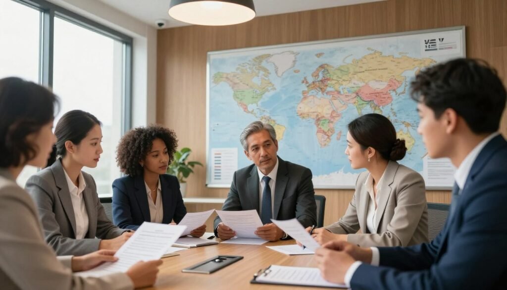 A professional office environment illustrating immigration law considerations for self-employed individuals. In the foreground, a diverse group of professionals in business attire—men and women of various ethnicities—gather around a conference table, discussing legal documents and visa applications. The middle ground features a large map on the wall depicting global immigration routes and policies, alongside charts showcasing visa statistics. In the background, tall windows let in natural light, creating an inviting atmosphere. The scene conveys a sense of collaboration and determination, with a warm color palette enhanced by soft lighting from ceiling fixtures. The camera angle is slightly elevated, capturing the intensity of the discussion while showcasing the workspace's professionalism. No text or logos present. A professional office environment illustrating immigration law considerations for self-employed individuals. In the foreground, a diverse group of professionals in business attire—men and women of various ethnicities—gather around a conference table, discussing legal documents and visa applications. The middle ground features a large map on the wall depicting global immigration routes and policies, alongside charts showcasing visa statistics. In the background, tall windows let in natural light, creating an inviting atmosphere. The scene conveys a sense of collaboration and determination, with a warm color palette enhanced by soft lighting from ceiling fixtures. The camera angle is slightly elevated, capturing the intensity of the discussion while showcasing the workspace's professionalism. No text or logos present.