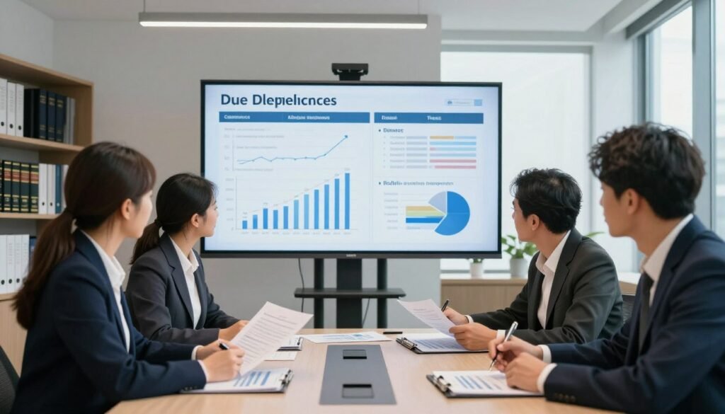 A professional office environment showcasing a detailed due diligence process for compliance and risk assessment. In the foreground, a team of four diverse business professionals, dressed in smart business attire, collaboratively reviewing documents and charts on a sleek conference table. The middle section features a large digital screen displaying graphs, compliance checklists, and risk metrics. The background includes shelves with legal books and a large window allowing natural light to illuminate the room, creating a bright, focused atmosphere. Soft lighting from sleek ceiling fixtures enhances the professional ambiance. The scene conveys a sense of diligence, teamwork, and attention to detail, emphasizing the importance of thorough monitoring measures in a business context. A professional office environment showcasing a detailed due diligence process for compliance and risk assessment. In the foreground, a team of four diverse business professionals, dressed in smart business attire, collaboratively reviewing documents and charts on a sleek conference table. The middle section features a large digital screen displaying graphs, compliance checklists, and risk metrics. The background includes shelves with legal books and a large window allowing natural light to illuminate the room, creating a bright, focused atmosphere. Soft lighting from sleek ceiling fixtures enhances the professional ambiance. The scene conveys a sense of diligence, teamwork, and attention to detail, emphasizing the importance of thorough monitoring measures in a business context.