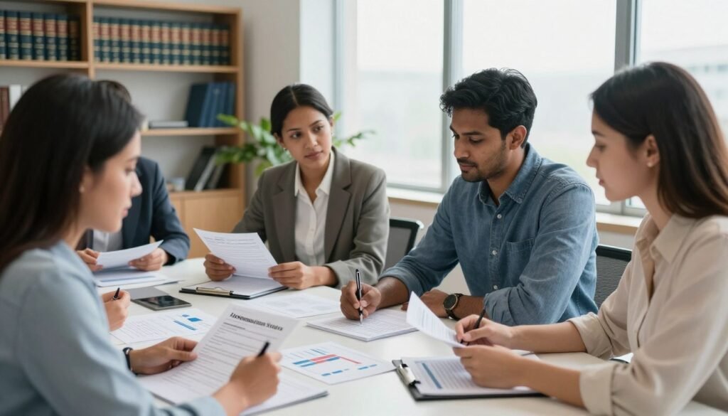 A professional office environment showcasing a diverse group of individuals engaged in a discussion about immigration status. In the foreground, a diverse trio, including a Black woman, a South Asian man, and a Caucasian woman, sit at a sleek conference table, deeply focused on legal documents and application forms. The middle ground features a large window with soft natural light streaming in, illuminating charts and checklists laid out on the table. In the background, bookshelves filled with legal books and a potted plant add warmth to the atmosphere. The scene conveys a sense of diligence and hope, symbolizing the importance of maintaining valid immigration status. The overall lighting is bright and welcoming, captured with a slight tilt from a mid-range angle to enhance the sense of collaboration. A professional office environment showcasing a diverse group of individuals engaged in a discussion about immigration status. In the foreground, a diverse trio, including a Black woman, a South Asian man, and a Caucasian woman, sit at a sleek conference table, deeply focused on legal documents and application forms. The middle ground features a large window with soft natural light streaming in, illuminating charts and checklists laid out on the table. In the background, bookshelves filled with legal books and a potted plant add warmth to the atmosphere. The scene conveys a sense of diligence and hope, symbolizing the importance of maintaining valid immigration status. The overall lighting is bright and welcoming, captured with a slight tilt from a mid-range angle to enhance the sense of collaboration.