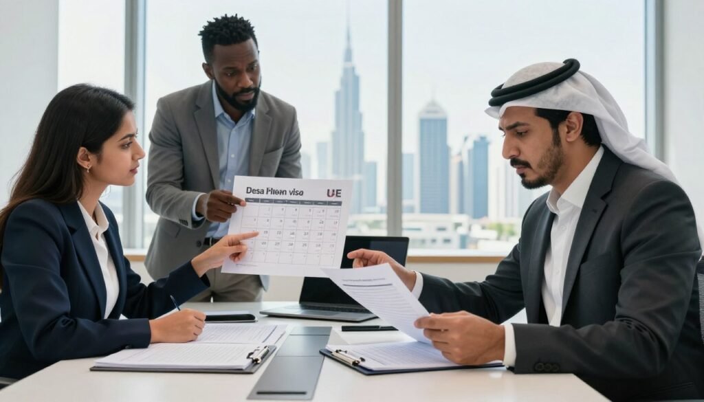 A professional office setting depicting a diverse group of three individuals discussing residence visa matters in the UAE. In the foreground, a Middle-Eastern man in a business suit is examining a document with a concerned expression. To his left, a South Asian woman wearing professional attire points to a calendar marked with potential overstay penalty dates. The third person, an African man, gestures towards a chart illustrating penalty fees. The middle ground features a modern conference table cluttered with paperwork and a laptop, while the background consists of large windows showcasing the iconic UAE skyline and a bright, sunny atmosphere. Soft, natural lighting illuminates the scene, creating a serious yet focused mood, emphasizing the importance of understanding overstay penalties in the visa process. A professional office setting depicting a diverse group of three individuals discussing residence visa matters in the UAE. In the foreground, a Middle-Eastern man in a business suit is examining a document with a concerned expression. To his left, a South Asian woman wearing professional attire points to a calendar marked with potential overstay penalty dates. The third person, an African man, gestures towards a chart illustrating penalty fees. The middle ground features a modern conference table cluttered with paperwork and a laptop, while the background consists of large windows showcasing the iconic UAE skyline and a bright, sunny atmosphere. Soft, natural lighting illuminates the scene, creating a serious yet focused mood, emphasizing the importance of understanding overstay penalties in the visa process.