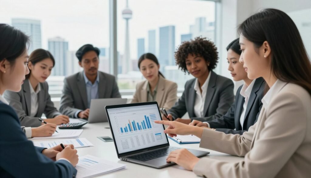 A professional office setting in Toronto, showcasing a diverse group of business people engaged in a discussion about salary insights and tax considerations. In the foreground, a woman in professional attire points to a laptop screen displaying graphs and charts related to salaries and taxes, emphasizing collaboration and analysis. In the middle ground, a diverse team of professionals, including a South Asian man and a Black woman, are sitting around a conference table with documents and calculators, contributing to the conversation. The background features large windows with a panoramic view of the Toronto skyline, bathed in soft natural light, creating a bright and focused atmosphere. The image captures a sense of teamwork and professionalism, ideal for an insightful exploration of financial topics. A professional office setting in Toronto, showcasing a diverse group of business people engaged in a discussion about salary insights and tax considerations. In the foreground, a woman in professional attire points to a laptop screen displaying graphs and charts related to salaries and taxes, emphasizing collaboration and analysis. In the middle ground, a diverse team of professionals, including a South Asian man and a Black woman, are sitting around a conference table with documents and calculators, contributing to the conversation. The background features large windows with a panoramic view of the Toronto skyline, bathed in soft natural light, creating a bright and focused atmosphere. The image captures a sense of teamwork and professionalism, ideal for an insightful exploration of financial topics.