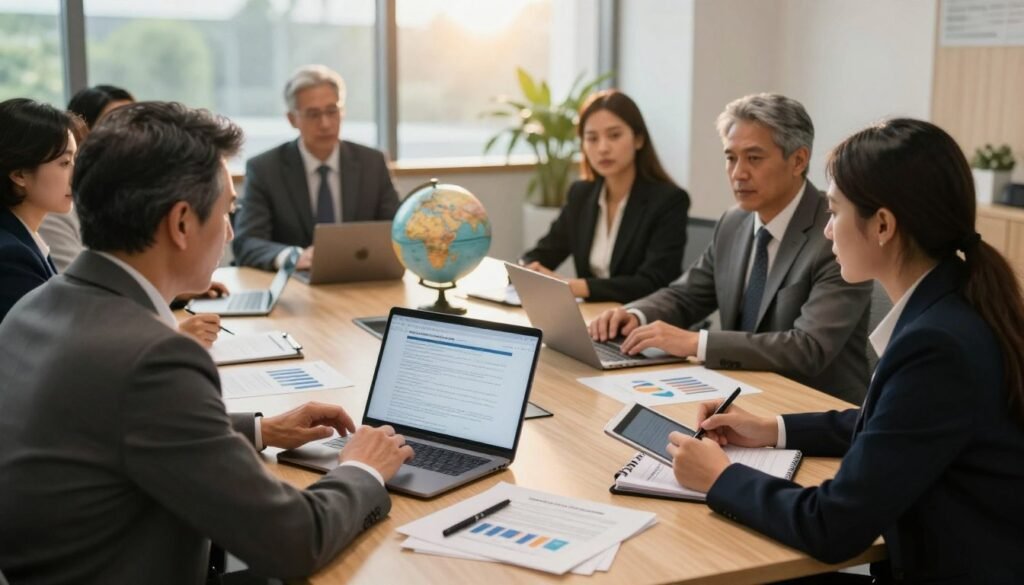 A professional setting depicting a diverse group of individuals engaged in a serious discussion about legal tax considerations related to citizenship by investment. In the foreground, a middle-aged businessman in a tailored suit gestures toward an open laptop displaying financial documents, while a young woman in business attire takes notes on a tablet. The middle ground features a large, elegant conference table with scattered papers and financial charts, along with a globe symbolizing global citizenship. In the background, a large window allows daylight to filter in, casting a warm glow over the scene. The atmosphere is focused and collaborative, emphasizing the intricacies of legal and tax matters. Shot with a wide-angle lens to capture the entire room, with soft lighting to create a professional yet inviting mood. A professional setting depicting a diverse group of individuals engaged in a serious discussion about legal tax considerations related to citizenship by investment. In the foreground, a middle-aged businessman in a tailored suit gestures toward an open laptop displaying financial documents, while a young woman in business attire takes notes on a tablet. The middle ground features a large, elegant conference table with scattered papers and financial charts, along with a globe symbolizing global citizenship. In the background, a large window allows daylight to filter in, casting a warm glow over the scene. The atmosphere is focused and collaborative, emphasizing the intricacies of legal and tax matters. Shot with a wide-angle lens to capture the entire room, with soft lighting to create a professional yet inviting mood.