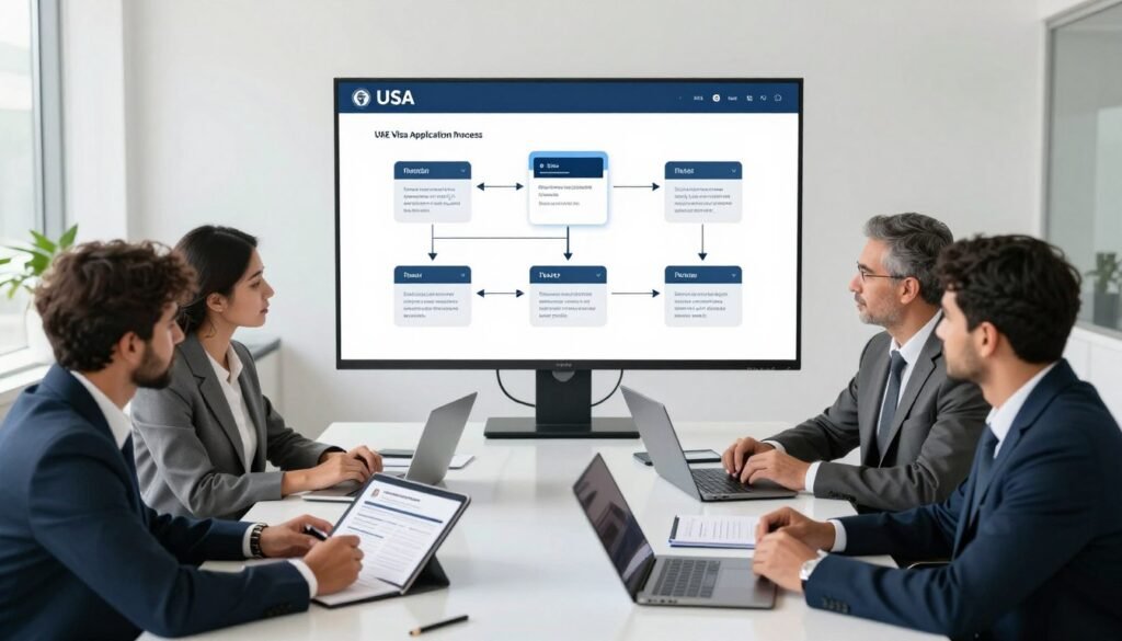 A professional setting depicting a smooth UAE visa application process. In the foreground, a diverse group of individuals in business attire are engaged in a collaborative discussion around a sleek, modern table, reviewing application documents on tablets and laptops. The middle layer features a large digital screen displaying a simplified flowchart of the visa application steps, emphasizing clarity and ease. The background is a bright, minimalistic office space with large windows allowing natural light to flood in, creating an inviting atmosphere. Soft shadows add depth to the scene, and the overall mood conveys professionalism, efficiency, and a sense of teamwork. The angle is slightly from above, capturing both the individuals and the digital tools they are using to emphasize modern technology in the application process. A professional setting depicting a smooth UAE visa application process. In the foreground, a diverse group of individuals in business attire are engaged in a collaborative discussion around a sleek, modern table, reviewing application documents on tablets and laptops. The middle layer features a large digital screen displaying a simplified flowchart of the visa application steps, emphasizing clarity and ease. The background is a bright, minimalistic office space with large windows allowing natural light to flood in, creating an inviting atmosphere. Soft shadows add depth to the scene, and the overall mood conveys professionalism, efficiency, and a sense of teamwork. The angle is slightly from above, capturing both the individuals and the digital tools they are using to emphasize modern technology in the application process.