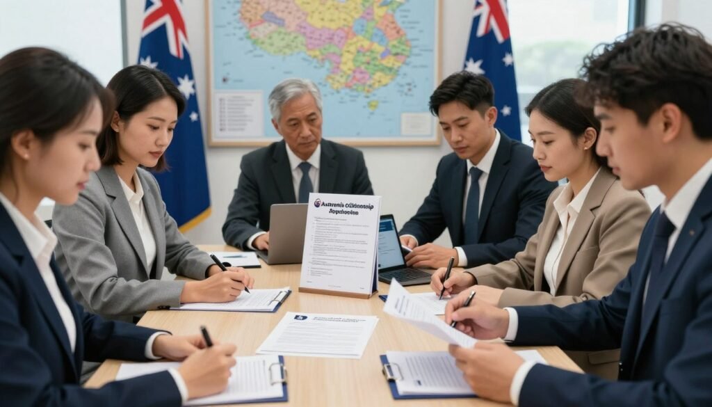 A professional setting focusing on the Australian citizenship application process. In the foreground, a diverse group of individuals, including men and women of various ethnic backgrounds, dressed in smart business attire, are gathered around a large table. They are engaged in filling out forms, discussing, and sharing documents. In the middle ground, a table displays application forms, a government brochure outlining the steps to citizenship, and a laptop showing the Australian flag as the wallpaper. The background features an official-looking office environment with Australian symbols, like a map and a flag. Soft natural lighting filters through a window, creating a hopeful and collaborative atmosphere, emphasizing support and unity in the citizenship journey. A professional setting focusing on the Australian citizenship application process. In the foreground, a diverse group of individuals, including men and women of various ethnic backgrounds, dressed in smart business attire, are gathered around a large table. They are engaged in filling out forms, discussing, and sharing documents. In the middle ground, a table displays application forms, a government brochure outlining the steps to citizenship, and a laptop showing the Australian flag as the wallpaper. The background features an official-looking office environment with Australian symbols, like a map and a flag. Soft natural lighting filters through a window, creating a hopeful and collaborative atmosphere, emphasizing support and unity in the citizenship journey.