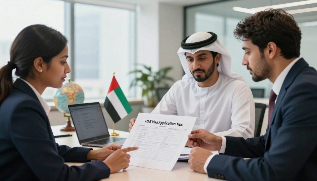 A professional setting illustrating "UAE Visa Application Tips." In the foreground, a diverse group of three business professionals – a South Asian woman, a Middle Eastern man, and a Caucasian man – are engaged in discussion over a large, open document showcasing a checklist. They are dressed in business attire, exuding a sense of concentration and teamwork. In the middle ground, a well-organized workspace with a laptop, a globe, and a UAE flag subtly included. The background features a modern office with large windows letting in soft, natural light, casting gentle shadows. The atmosphere is upbeat and collaborative, highlighting the importance of preparation and attention to detail in the visa application process. A professional setting illustrating "UAE Visa Application Tips." In the foreground, a diverse group of three business professionals – a South Asian woman, a Middle Eastern man, and a Caucasian man – are engaged in discussion over a large, open document showcasing a checklist. They are dressed in business attire, exuding a sense of concentration and teamwork. In the middle ground, a well-organized workspace with a laptop, a globe, and a UAE flag subtly included. The background features a modern office with large windows letting in soft, natural light, casting gentle shadows. The atmosphere is upbeat and collaborative, highlighting the importance of preparation and attention to detail in the visa application process.