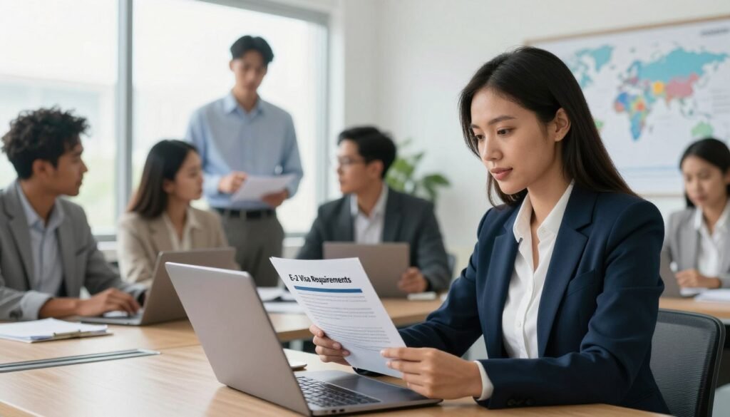 A professional setting showcasing a diverse group of entrepreneurs in a modern office environment focused on the E-2 Treaty Investor Visa requirements. In the foreground, a confident businesswoman in professional attire is analyzing a document labeled "E-2 Visa Requirements" on her laptop. In the middle ground, a diverse team of business professionals, including a man and woman of different ethnicities, are engaged in a discussion, with charts and a world map on a nearby wall illustrating international business connections. The background features a bright, airy workspace with large windows allowing natural light to fill the room, creating an inspiring atmosphere. The image captures a sense of collaboration, ambition, and professionalism, emphasizing the meticulous nature of entrepreneurial ventures tied to visa processes. A professional setting showcasing a diverse group of entrepreneurs in a modern office environment focused on the E-2 Treaty Investor Visa requirements. In the foreground, a confident businesswoman in professional attire is analyzing a document labeled "E-2 Visa Requirements" on her laptop. In the middle ground, a diverse team of business professionals, including a man and woman of different ethnicities, are engaged in a discussion, with charts and a world map on a nearby wall illustrating international business connections. The background features a bright, airy workspace with large windows allowing natural light to fill the room, creating an inspiring atmosphere. The image captures a sense of collaboration, ambition, and professionalism, emphasizing the meticulous nature of entrepreneurial ventures tied to visa processes.