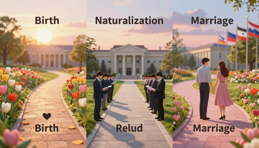 A serene outdoor setting showcasing three distinct pathways, representing the routes to dual citizenship: a vibrant path symbolizing "Birth," with blooming flowers and gentle sunlight; a formal, structured path for "Naturalization," featuring people in professional attire reviewing documents, surrounded by government buildings; and a romantic, winding path for "Marriage," adorned with intertwined hearts, soft lighting, and couples holding hands. In the background, softly blurred elements like flags from different countries and a sky transitioning from day to twilight add depth. Utilizing a warm color palette and soft focus, the image conveys a sense of hope, unity, and opportunity, inviting viewers to explore the possibilities of dual citizenship. A serene outdoor setting showcasing three distinct pathways, representing the routes to dual citizenship: a vibrant path symbolizing "Birth," with blooming flowers and gentle sunlight; a formal, structured path for "Naturalization," featuring people in professional attire reviewing documents, surrounded by government buildings; and a romantic, winding path for "Marriage," adorned with intertwined hearts, soft lighting, and couples holding hands. In the background, softly blurred elements like flags from different countries and a sky transitioning from day to twilight add depth. Utilizing a warm color palette and soft focus, the image conveys a sense of hope, unity, and opportunity, inviting viewers to explore the possibilities of dual citizenship.