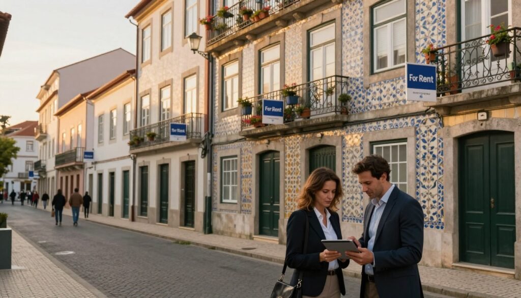 A serene urban street in Portugal showcasing various apartment buildings with “For Rent” signs. In the foreground, a couple in business attire examines a rental listing on a tablet, depicted as engaging and focused. The middle ground features charming Portuguese architecture, with colorful tiles and balconies adorned with potted flowers, reflecting local aesthetics. The background reveals a lively street scene with people strolling, hinting at a vibrant neighborhood. The lighting is warm and inviting, capturing the golden hour just before sunset, enhancing the mood of hope and opportunity. The angle is slightly elevated, providing a clear overview of the rental properties while maintaining a cozy atmosphere. The overall tone conveys the essence of the Portuguese rental market and its attractive lifestyle. A serene urban street in Portugal showcasing various apartment buildings with “For Rent” signs. In the foreground, a couple in business attire examines a rental listing on a tablet, depicted as engaging and focused. The middle ground features charming Portuguese architecture, with colorful tiles and balconies adorned with potted flowers, reflecting local aesthetics. The background reveals a lively street scene with people strolling, hinting at a vibrant neighborhood. The lighting is warm and inviting, capturing the golden hour just before sunset, enhancing the mood of hope and opportunity. The angle is slightly elevated, providing a clear overview of the rental properties while maintaining a cozy atmosphere. The overall tone conveys the essence of the Portuguese rental market and its attractive lifestyle.