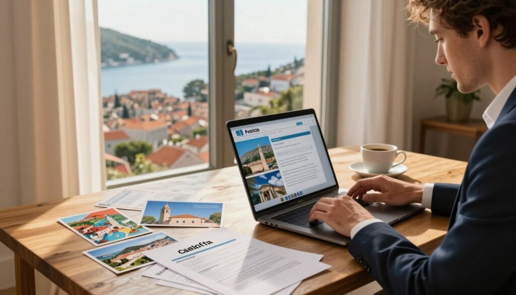 A serene workspace showcasing a digital nomad's environment inspired by Croatia, featuring a modern laptop on a wooden table with documents about visa applications spread out. In the foreground, a focused individual, dressed in professional business attire, is typing on the laptop. In the middle, colorful postcards of Croatian landmarks, such as Dubrovnik and Split, are arranged artfully alongside a coffee cup. The background displays a large window with a picturesque view of the Adriatic coastline, bathed in warm, golden sunlight filtering through sheer curtains. The atmosphere conveys a sense of productivity and inspiration, ideal for freelancers exploring visas, with soft shadows enhancing the details. The camera angle captures this setup in a balanced composition, emphasizing both the individual and the enchanting Croatian landscape. A serene workspace showcasing a digital nomad's environment inspired by Croatia, featuring a modern laptop on a wooden table with documents about visa applications spread out. In the foreground, a focused individual, dressed in professional business attire, is typing on the laptop. In the middle, colorful postcards of Croatian landmarks, such as Dubrovnik and Split, are arranged artfully alongside a coffee cup. The background displays a large window with a picturesque view of the Adriatic coastline, bathed in warm, golden sunlight filtering through sheer curtains. The atmosphere conveys a sense of productivity and inspiration, ideal for freelancers exploring visas, with soft shadows enhancing the details. The camera angle captures this setup in a balanced composition, emphasizing both the individual and the enchanting Croatian landscape.