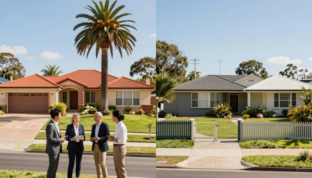 A split-scene image illustrating a housing accommodation comparison between Australia and the USA. On the left, depict a typical Australian suburban neighborhood featuring charming, single-story houses with red-tiled roofs, prominent palm trees, and well-kept lawns, under a bright blue sky. In the foreground, include diverse individuals dressed in professional business attire discussing housing options. On the right side, showcase an American suburban area with two-story homes featuring picket fences and lush greenery, also under sunny skies. Capture the differences in architectural styles and landscapes. Use a warm, inviting atmosphere, with natural daylight highlighting the scene. A medium-wide angle with focus on both neighborhoods should provide clarity, inviting viewers to explore the contrasts in housing and lifestyle. A split-scene image illustrating a housing accommodation comparison between Australia and the USA. On the left, depict a typical Australian suburban neighborhood featuring charming, single-story houses with red-tiled roofs, prominent palm trees, and well-kept lawns, under a bright blue sky. In the foreground, include diverse individuals dressed in professional business attire discussing housing options. On the right side, showcase an American suburban area with two-story homes featuring picket fences and lush greenery, also under sunny skies. Capture the differences in architectural styles and landscapes. Use a warm, inviting atmosphere, with natural daylight highlighting the scene. A medium-wide angle with focus on both neighborhoods should provide clarity, inviting viewers to explore the contrasts in housing and lifestyle.