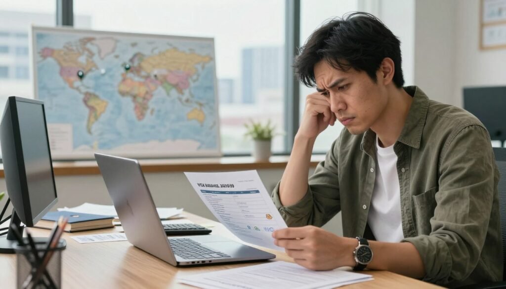 A thoughtful digital nomad in a modern office space, wearing smart-casual attire, sits at a laptop surrounded by paperwork labeled with visa application forms and various passport stamps. The foreground showcases the individual with a furrowed brow, examining a chart that highlights visa processing times and country requirements. In the middle ground, a cluttered desk features a world map dotted with pins indicating potential work destinations. The background features a large window with a city skyline that suggests global connection yet conveys isolation, emphasizing the challenges faced. The lighting is bright and professional, with a focus on warm tones, creating a contemplative and slightly stressful atmosphere that reflects the complexity of navigating nomad visa hurdles. A thoughtful digital nomad in a modern office space, wearing smart-casual attire, sits at a laptop surrounded by paperwork labeled with visa application forms and various passport stamps. The foreground showcases the individual with a furrowed brow, examining a chart that highlights visa processing times and country requirements. In the middle ground, a cluttered desk features a world map dotted with pins indicating potential work destinations. The background features a large window with a city skyline that suggests global connection yet conveys isolation, emphasizing the challenges faced. The lighting is bright and professional, with a focus on warm tones, creating a contemplative and slightly stressful atmosphere that reflects the complexity of navigating nomad visa hurdles.