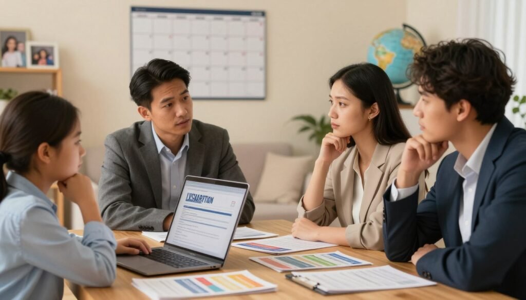 A thoughtful family sitting together at a dining table, discussing immigration options, reflecting a multicultural atmosphere. The foreground features a diverse family, including a father, mother, and two children, all wearing professional clothing, deeply engaged in conversation. The middle layer shows a laptop open with visa application documents, a large wall calendar, and colorful immigration brochures. The background includes a soft-focus living room setting with family photos and a globe, symbolizing connection to multiple cultures. The lighting is warm and inviting, with soft golden tones creating a hopeful mood. A shallow depth of field emphasizes the family's expressions, capturing their blend of hope and concern as they navigate their immigration journey. A thoughtful family sitting together at a dining table, discussing immigration options, reflecting a multicultural atmosphere. The foreground features a diverse family, including a father, mother, and two children, all wearing professional clothing, deeply engaged in conversation. The middle layer shows a laptop open with visa application documents, a large wall calendar, and colorful immigration brochures. The background includes a soft-focus living room setting with family photos and a globe, symbolizing connection to multiple cultures. The lighting is warm and inviting, with soft golden tones creating a hopeful mood. A shallow depth of field emphasizes the family's expressions, capturing their blend of hope and concern as they navigate their immigration journey.