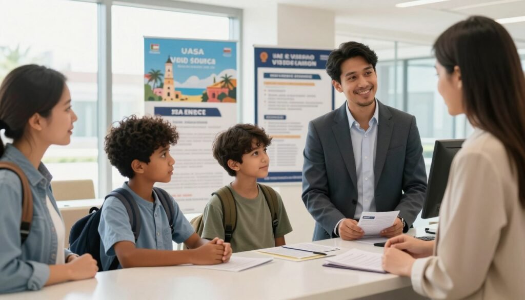 A thoughtful scene depicting special considerations for single travelers and minors. In the foreground, a diverse group of single travelers, including a young adult and a minor, are engaging with a friendly travel advisor at a visa application counter, all dressed in professional business attire. The middle ground features travel posters and informational brochures about UAE visa requirements, creating an informative atmosphere. In the background, large windows allow natural light to flood in, illuminating the space with a warm glow. Gentle hues of blue and gold evoke a sense of welcome and safety. The overall mood is friendly and supportive, emphasizing community and guidance for solo and young travelers. A thoughtful scene depicting special considerations for single travelers and minors. In the foreground, a diverse group of single travelers, including a young adult and a minor, are engaging with a friendly travel advisor at a visa application counter, all dressed in professional business attire. The middle ground features travel posters and informational brochures about UAE visa requirements, creating an informative atmosphere. In the background, large windows allow natural light to flood in, illuminating the space with a warm glow. Gentle hues of blue and gold evoke a sense of welcome and safety. The overall mood is friendly and supportive, emphasizing community and guidance for solo and young travelers.