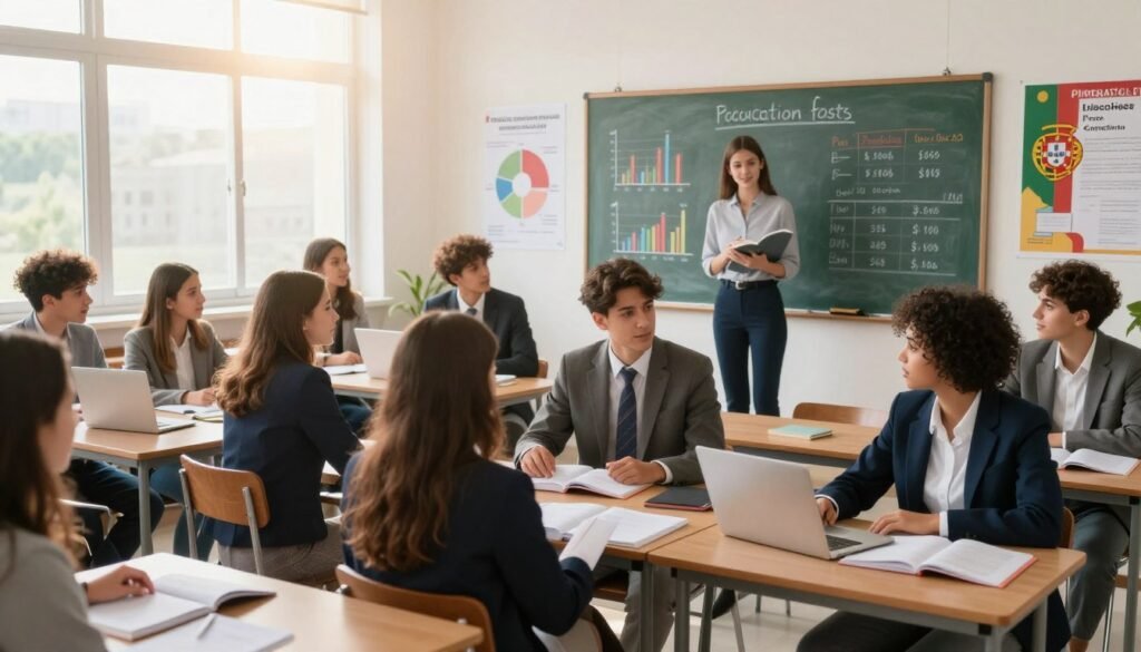 A vibrant and informative scene depicting education costs in Portugal, set in a modern classroom filled with students. In the foreground, a diverse group of students from various backgrounds, dressed in professional business attire, are engaged in discussion over textbooks and laptops, showcasing collaboration and learning. The middle ground features a large chalkboard filled with charts and graphs illustrating tuition fees, school supplies, and related expenses, while the outer edges of the classroom display educational posters about the Portuguese education system. In the background, sunlight streams through large windows, creating a warm and inviting atmosphere, highlighting a sense of hope and potential in education. Use soft, natural lighting to evoke a friendly and encouraging mood. Shot with a wide-angle lens to capture the entire space and participants in a dynamic composition. A vibrant and informative scene depicting education costs in Portugal, set in a modern classroom filled with students. In the foreground, a diverse group of students from various backgrounds, dressed in professional business attire, are engaged in discussion over textbooks and laptops, showcasing collaboration and learning. The middle ground features a large chalkboard filled with charts and graphs illustrating tuition fees, school supplies, and related expenses, while the outer edges of the classroom display educational posters about the Portuguese education system. In the background, sunlight streams through large windows, creating a warm and inviting atmosphere, highlighting a sense of hope and potential in education. Use soft, natural lighting to evoke a friendly and encouraging mood. Shot with a wide-angle lens to capture the entire space and participants in a dynamic composition.