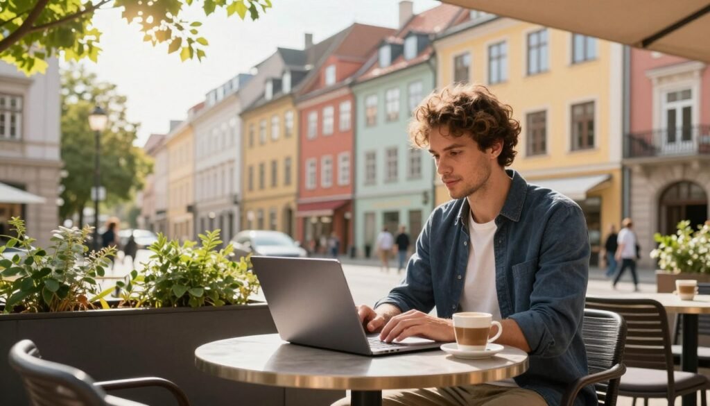 A vibrant and modern workspace set in a picturesque European city, showcasing a digital nomad's lifestyle. In the foreground, a professional individual in smart casual clothing is seated at a stylish, outdoor café table, working on a laptop, with a coffee cup beside them. The middle section captures charming European architecture, with colorful buildings and greenery lining the street, hinting at various cultural influences. In the background, soft sunlight filters through the leaves, casting a warm and inviting glow over the scene, while people casually stroll by, enhancing the atmosphere of freedom and exploration. The image should convey an inspiring mood of productivity and adventure, ideal for highlighting the concept of digital nomad visa programs in Europe. A vibrant and modern workspace set in a picturesque European city, showcasing a digital nomad's lifestyle. In the foreground, a professional individual in smart casual clothing is seated at a stylish, outdoor café table, working on a laptop, with a coffee cup beside them. The middle section captures charming European architecture, with colorful buildings and greenery lining the street, hinting at various cultural influences. In the background, soft sunlight filters through the leaves, casting a warm and inviting glow over the scene, while people casually stroll by, enhancing the atmosphere of freedom and exploration. The image should convey an inspiring mood of productivity and adventure, ideal for highlighting the concept of digital nomad visa programs in Europe.