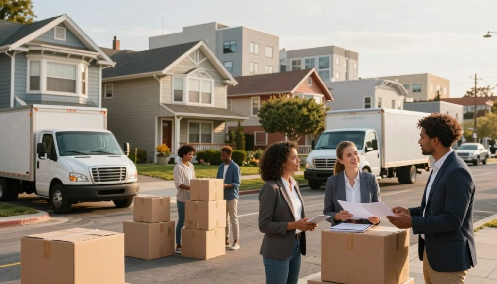 A vibrant cityscape during the golden hour, showcasing a diverse neighborhood with moving trucks parked outside a charming house. In the foreground, a family in professional attire discusses relocation plans, their expressions filled with optimism. In the middle ground, a diverse range of packed boxes are lined up against the backdrop of a suburban street, symbolizing preparation for the move. The background features a combination of modern and traditional architecture, emphasizing a blend of new opportunities and established communities. The lighting is warm and inviting, casting soft shadows to create a sense of hope and excitement. The overall mood is proactive and inspiring, reflecting the journey of relocating and the possibilities that lie ahead. A vibrant cityscape during the golden hour, showcasing a diverse neighborhood with moving trucks parked outside a charming house. In the foreground, a family in professional attire discusses relocation plans, their expressions filled with optimism. In the middle ground, a diverse range of packed boxes are lined up against the backdrop of a suburban street, symbolizing preparation for the move. The background features a combination of modern and traditional architecture, emphasizing a blend of new opportunities and established communities. The lighting is warm and inviting, casting soft shadows to create a sense of hope and excitement. The overall mood is proactive and inspiring, reflecting the journey of relocating and the possibilities that lie ahead.