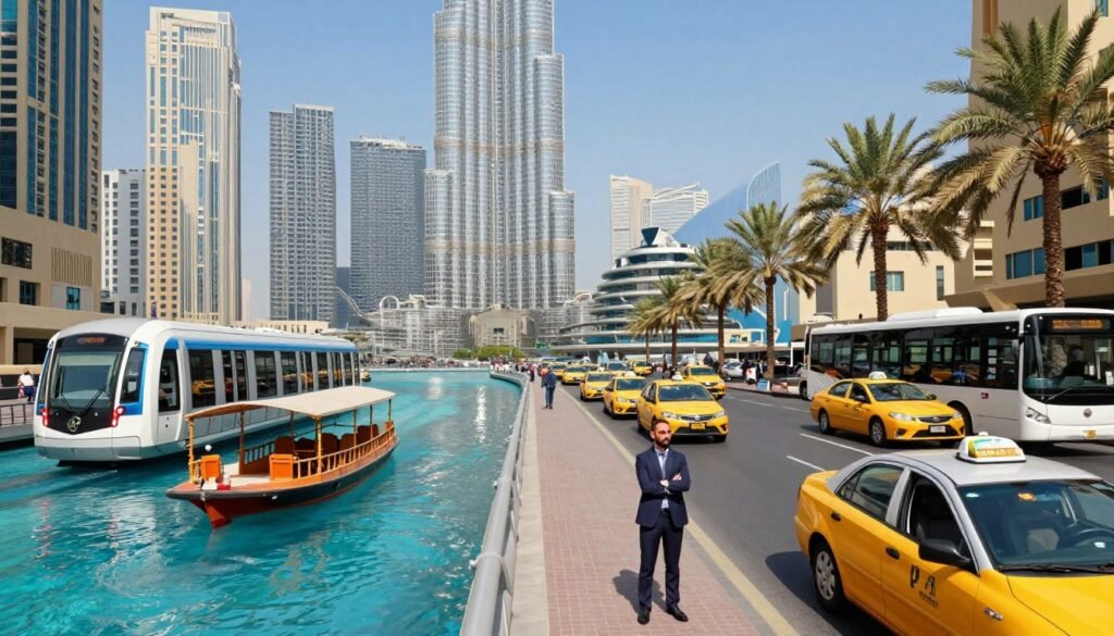 A vibrant cityscape of Dubai showcasing various transportation options, including the sleek and modern Dubai Metro, a traditional abra boat on the serene waters of Dubai Creek, and a busy street lined with taxis and buses. In the foreground, capture a well-dressed business professional waiting for a taxi, embodying the urban lifestyle. The middle ground features the iconic Burj Khalifa and the bustling metro stations. The background depicts a clear blue sky and palm trees swaying gently in the breeze, enhancing the sunny atmosphere. Use bright lighting to highlight the vibrancy of city life, with a slight depth of field to focus on the transportation elements. The mood should be dynamic and efficient, illustrating the diverse public commute options available in Dubai. A vibrant cityscape of Dubai showcasing various transportation options, including the sleek and modern Dubai Metro, a traditional abra boat on the serene waters of Dubai Creek, and a busy street lined with taxis and buses. In the foreground, capture a well-dressed business professional waiting for a taxi, embodying the urban lifestyle. The middle ground features the iconic Burj Khalifa and the bustling metro stations. The background depicts a clear blue sky and palm trees swaying gently in the breeze, enhancing the sunny atmosphere. Use bright lighting to highlight the vibrancy of city life, with a slight depth of field to focus on the transportation elements. The mood should be dynamic and efficient, illustrating the diverse public commute options available in Dubai.
