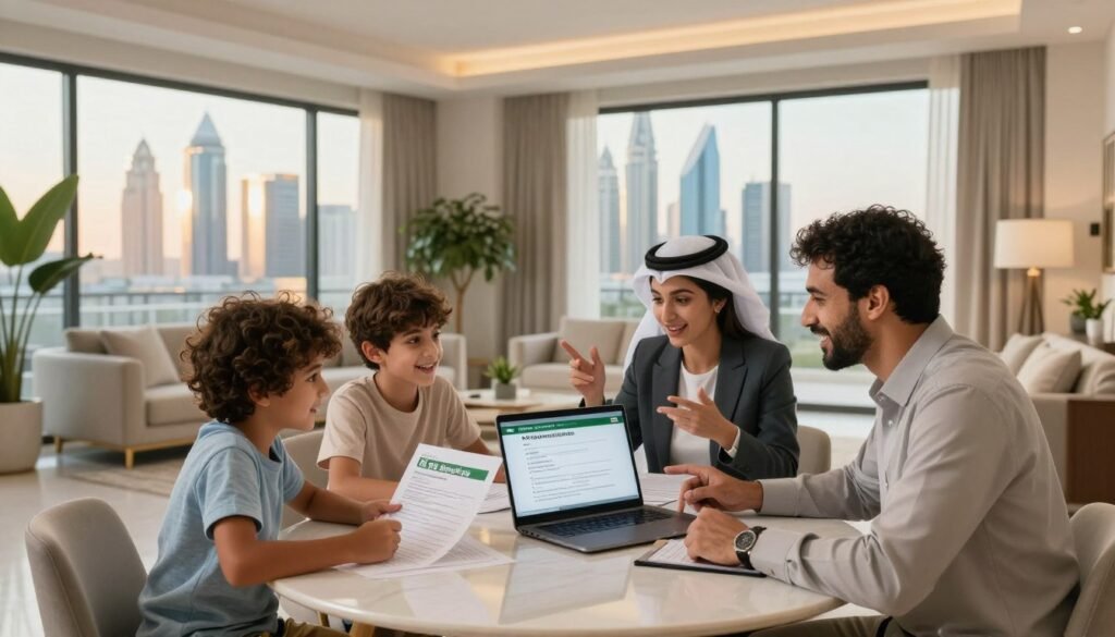A vibrant, family-friendly scene depicting the benefits of the UAE Golden Visa for families, captured in a spacious, modern UAE home environment. In the foreground, a diverse family of four (parents and two children) sit together at a dining table, discussing visa benefits enthusiastically with documents and a laptop showcasing their application process. The parents are dressed in professional business attire and the children in smart casual clothing. In the middle ground, a beautifully decorated living space represents a blend of contemporary Emirati design with plants and light fixtures. The background features large windows with a view of iconic UAE skyscrapers, illuminated by warm sunlight, creating an inviting and hopeful atmosphere. Soft, natural lighting enhances the mood, suggesting family unity and excitement about their future in the UAE. A vibrant, family-friendly scene depicting the benefits of the UAE Golden Visa for families, captured in a spacious, modern UAE home environment. In the foreground, a diverse family of four (parents and two children) sit together at a dining table, discussing visa benefits enthusiastically with documents and a laptop showcasing their application process. The parents are dressed in professional business attire and the children in smart casual clothing. In the middle ground, a beautifully decorated living space represents a blend of contemporary Emirati design with plants and light fixtures. The background features large windows with a view of iconic UAE skyscrapers, illuminated by warm sunlight, creating an inviting and hopeful atmosphere. Soft, natural lighting enhances the mood, suggesting family unity and excitement about their future in the UAE.